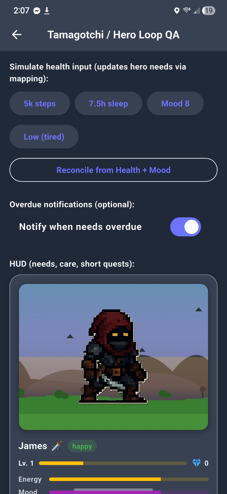 Artemis Hero Loop QA – Simulate health, HUD