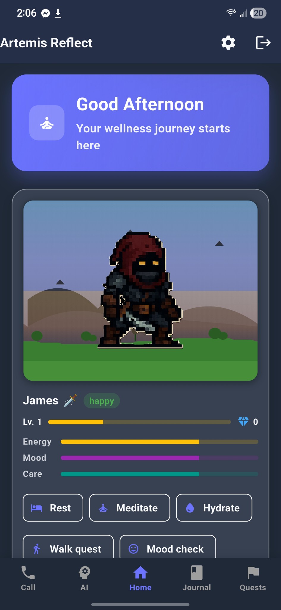 Artemis Home – Hero, stats, Rest/Meditate/Hydrate