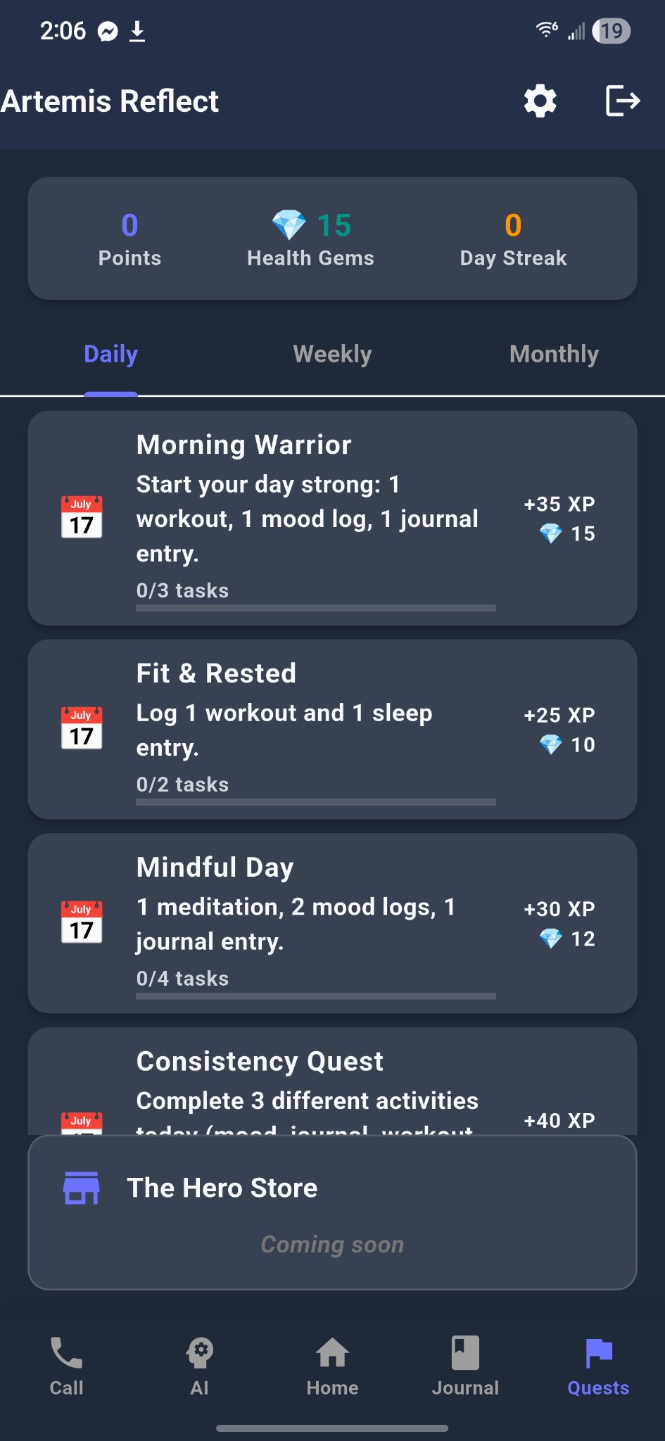 Artemis Quests – Daily quests, Hero Store